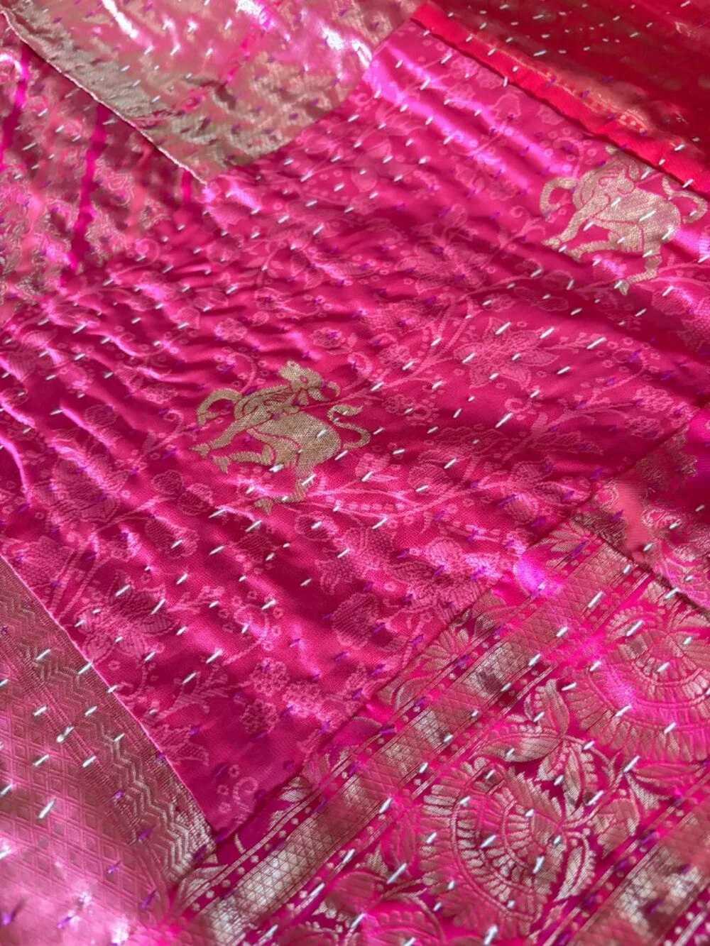 Handmade Indian Beaded Embroidered Quilt Bedspread - Pink Multi King or Queen